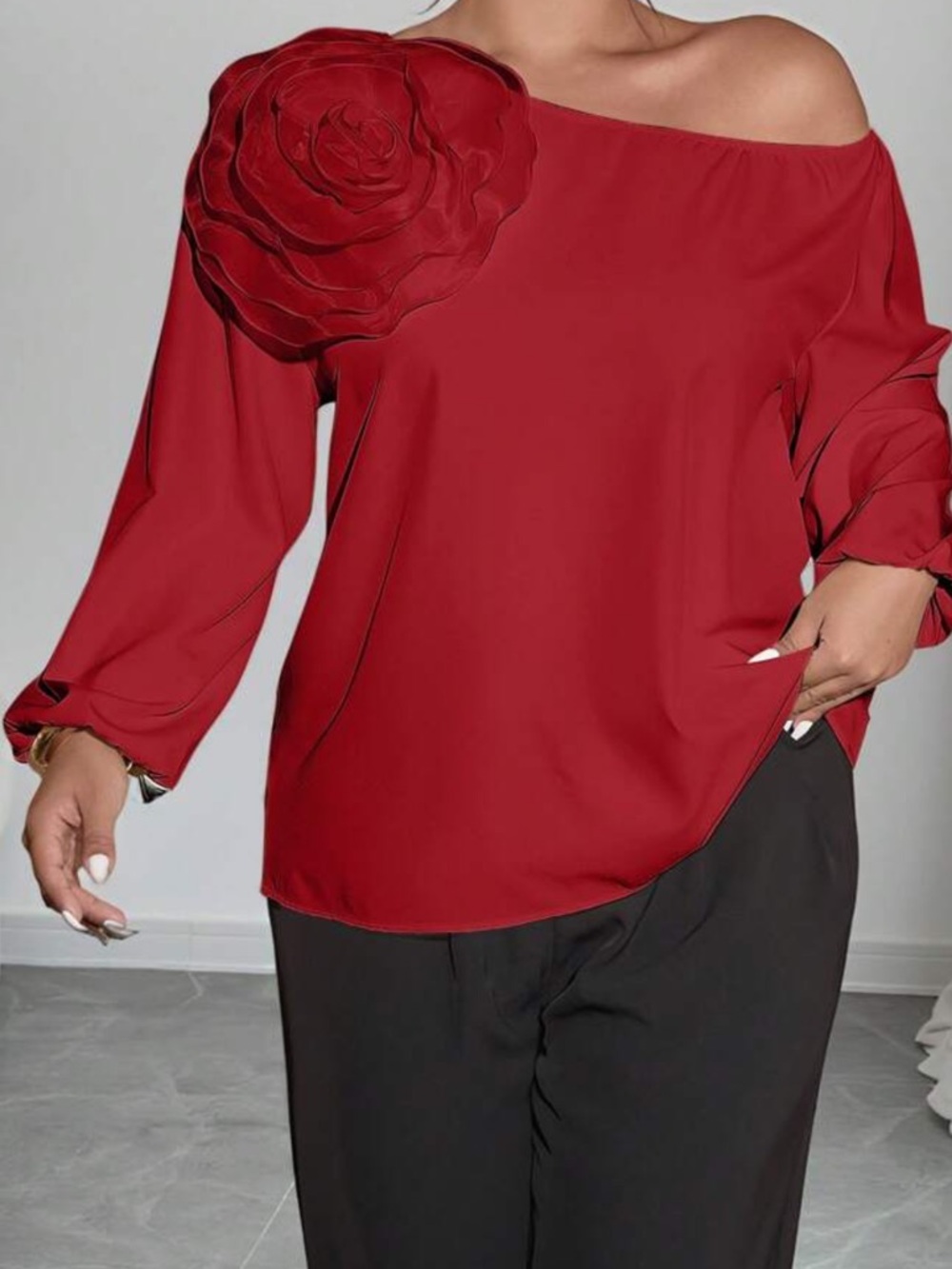 NWOT Red One-Shoulder Satin Top with Floral Accent
